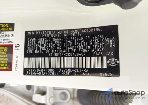 2012 Toyota Camry Le z USA, uszkodzony, nr VIN 4T1BF1FK2CU126407